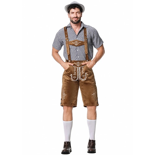 Oktoberfest Lederhosen Hemd Bayerisch Bayerisch Deutsch Wiesn Herren Stoff im traditionellen Stil Bluse Shorts Hut Image