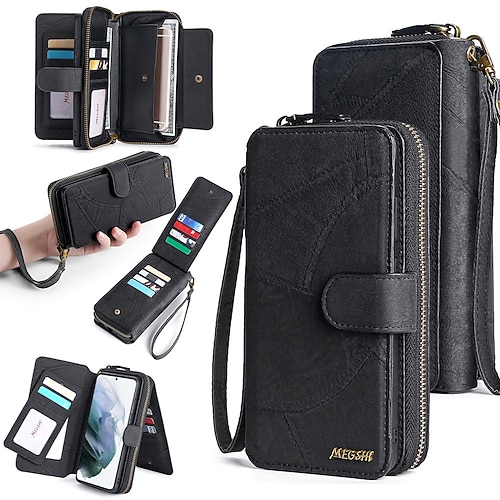 Handy Hülle Handyhüllen Für Samsung Galaxy S23 S22 S21 FE S21 Ultra Plus A14 A54 A73 A53 A33 A72 Brieftaschenhülle Reisverschluss Vollschutz mit Handyband Einfarbig PC PU-Leder Image