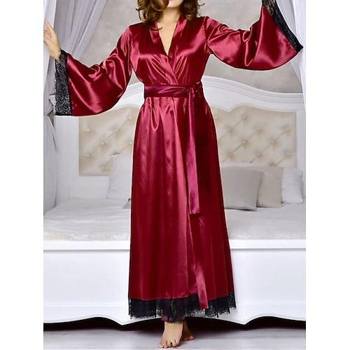 Damen Satin-Bademantel mit V-Ausschnitt, Spitzenbesatz, Glockenärmel, Loungewear, elegante Brautjungfern-Vorbereitung, weinrot, große Größe, Heim-Outfits für alle Jahreszeiten Image