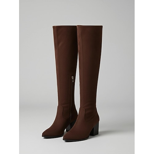 Kniehohe Cowboystiefel aus Wildleder für Damen – Slouch-Stiefel im Westernstil mit spitzer Spitze und klobigem Absatz für die Herbst- und Wintermode Image