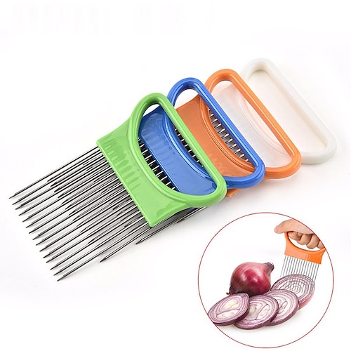 2 stücke zwiebel gemüseschneider schneiden tomatenschneider schneidhilfe halter führung schneideschneider sichere gabel zwiebelschneider küchenzubehör Image