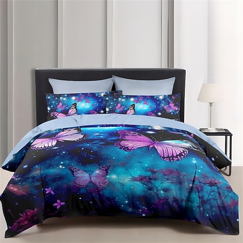 Schmetterling-Sternenhimmel-Muster, Bettbezug-Set, Bettdecken-Set, 2/3-teilig, luxuriöses Baumwoll-Bettwäsche-Set, Heimdekoration, Bettwäsche, Geschenk, King-Size-Bett, volle Größe Image