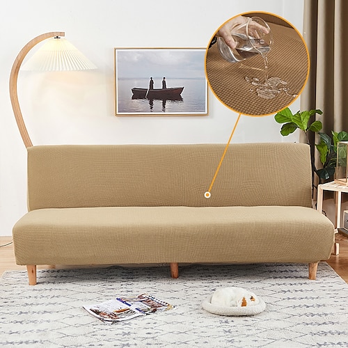 wasserabweisender Sofabezug fürs Bett, 1-teilig, dehnbar, burgunderfarben, Sofabezug ohne Armlehnen, weicher Möbelschutz mit elastischer Unterseite für Kinder, Spandex-Jacquard, kleine Karos Image