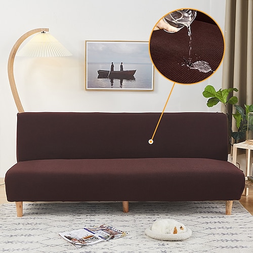 wasserabweisender Sofabezug fürs Bett, 1-teilig, dehnbar, burgunderfarben, Sofabezug ohne Armlehnen, weicher Möbelschutz mit elastischer Unterseite für Kinder, Spandex-Jacquard, kleine Karos Image