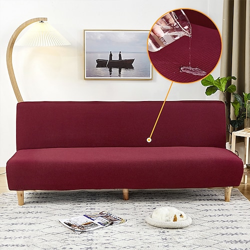 wasserabweisender Sofabezug fürs Bett, 1-teilig, dehnbar, burgunderfarben, Sofabezug ohne Armlehnen, weicher Möbelschutz mit elastischer Unterseite für Kinder, Spandex-Jacquard, kleine Karos Image