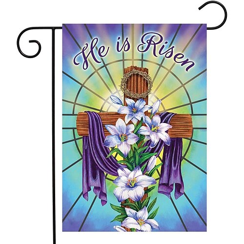 Jesus Gartenfahne 12x18 Zoll Außen Dekorationen Er ist auferstanden Willkommen Garten Terrasse Fahne Blumen Gartenfahne Doppelseitige Feiertags Außenfahnen 1 Stück