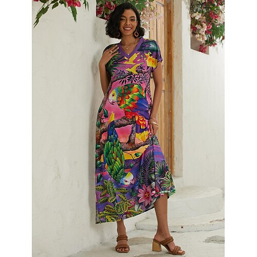 Damen Maxi Kleid Freizeitkleid Strandkleid Shift Kleid Streetwear Hawaiian Maxi Drop Schulter Urlaub Straße Feiertag Lockerer Sitz Floral Tier Kurzarm V-Ausschnitt Pink Rot Sommer Image