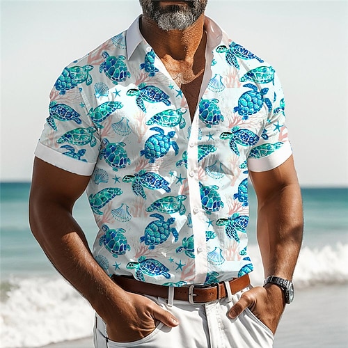 Herren Tropisch Schildkröten Hemd Hawaiihemd Sommerhemd Aloha-Shirt Kurzarm Hemd Umlegekragen Urlaub Hawaiianisch Outdoor Urlaub Hawaiianisch Gelb Königliches Blau Blau S M L Image