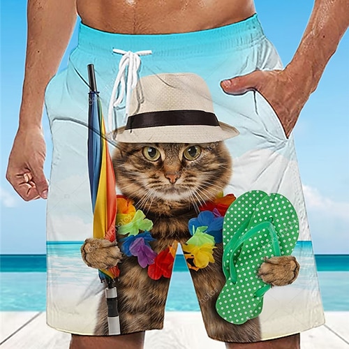 Herren Tier Katze Grafik-Drucke Badeshorts Boardshorts Badeshorts Badehose Schwimmshorts Mittlere Taillenlinie Hawaiianisch Boho Casual Täglich Festtage Kordelzug mit Mesh-Futter Elastische Taille Image