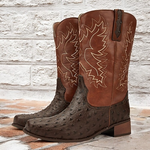 Herren Stiefel Cowboystiefel Stickerei Retro Vintage Outdoor Täglich PU Leder Wasserdicht Bequem Rutschfest Mittelstiefel Slipper Schwarz Braun Kaffee Farbblock Sommer Frühling Herbst Image