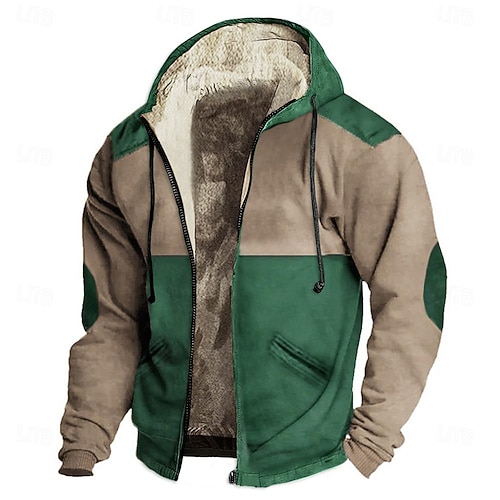 Herren Vollreißverschluss-Kapuzensweatshirt Kapuzenjacke Reißverschluss Kapuzensweatshirt Sweatjacke Flauschiger Sherpa Leichtes Khaki. Dunkelgrün Orange Khaki Mit Kapuze Farbblock Reißverschluss Image