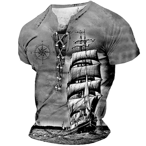Segelboot und Kompass Herren-Grafikhemd zum Schnüren, 3D zum Segeln, braunes Sommer-Baumwoll-T-Shirt, Schiff, Stehkragen, Bekleidung, Druck, Alltag, Sport, kurze Ärmel, Schwarz, Weiß, lässig, Grau Image