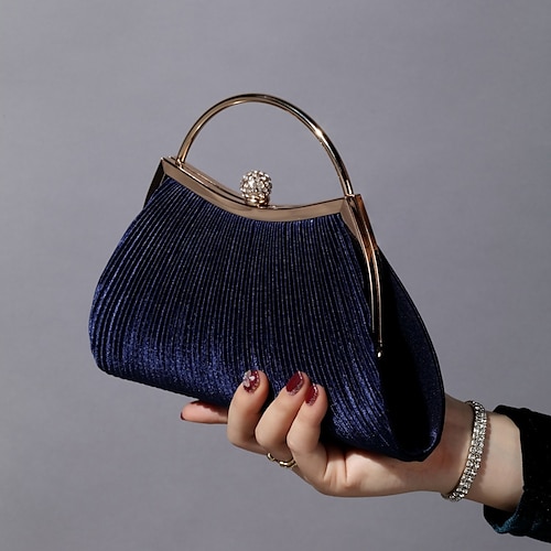 Marineblaue Abendclutch für Damen – elegante Handtasche aus plissiertem Samt mit goldenem Griff und Strassverschluss, perfekt für Hochzeiten, Partys und formelle Anlässe