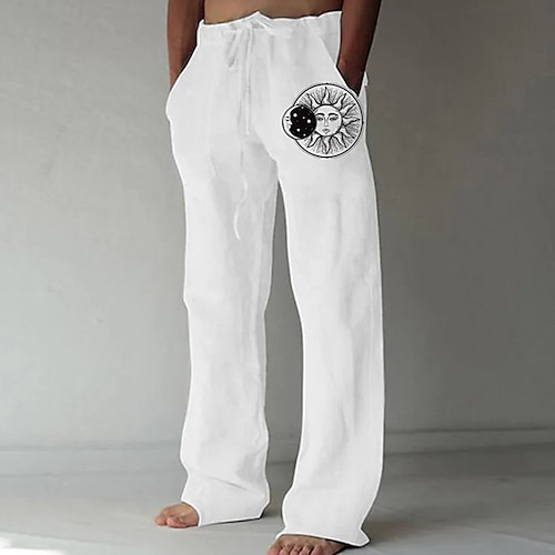 Herren Leinenhose Hose Hosen Sommerhosen Strandhose Tasche Kordelzug Bedruckt Sonne Grafik-Drucke Komfort Outdoor Täglich Ausgehen Strassenmode Stilvoll Weiß Gelb Image