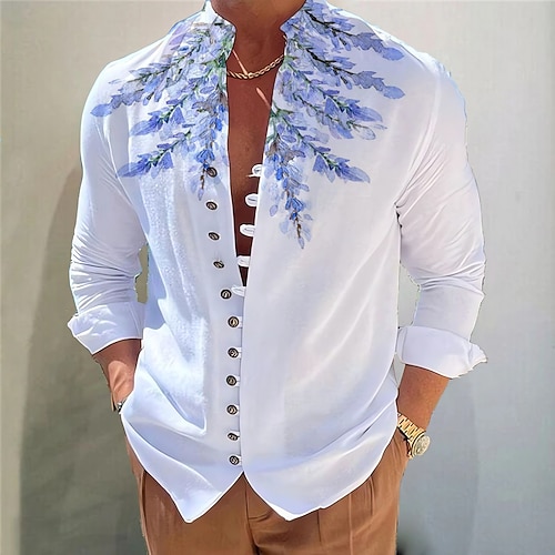 Herren Dunkel Hemd Alohahemd Langarm Mode Designer Lässig Täglich Urlaub Ausgehen Frühling Sommer Herbst Stehkragen Druck Schwarz Schwarz / Rot Armeegrün Rote Marineblau Image