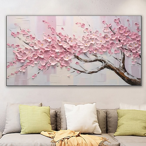 Großes Pflaumenblüten-Ölgemälde, handgemalte rosa Blumen, Leinwand-Wandkunst, dicke Textur, Palettenmesser-Gemälde, Nachttisch-Kunst, Jubiläumsgeschenk, Heimdekoration Image