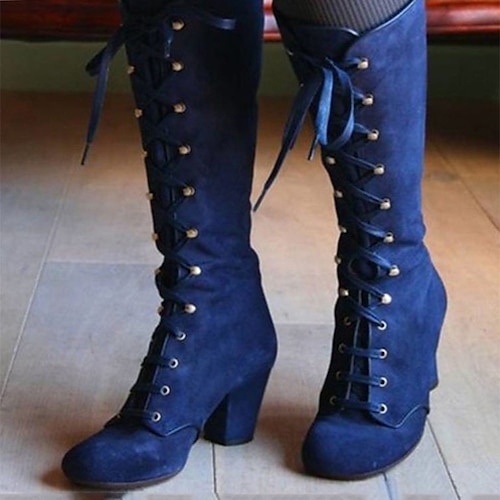 Schwarze kniehohe Schnürstiefel für Damen – Vintage-Stiefel aus Wildlederimitat mit dickem Absatz für die Herbst-Winter-Mode Image