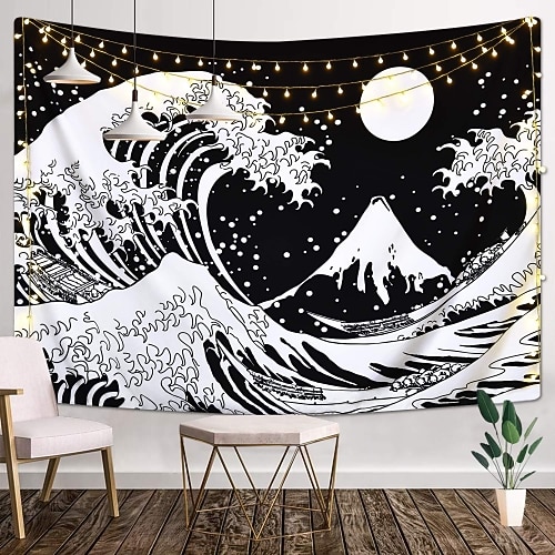 japanische Malerei Stil Kanagawa Welle Wandteppich Kunst Dekor Decke Vorhang hängen Zuhause Schlafzimmer Wohnzimmer Dekoration Ukiyo-e Meer Tarot schwarz weiß Wandtuch XXL Natur Image