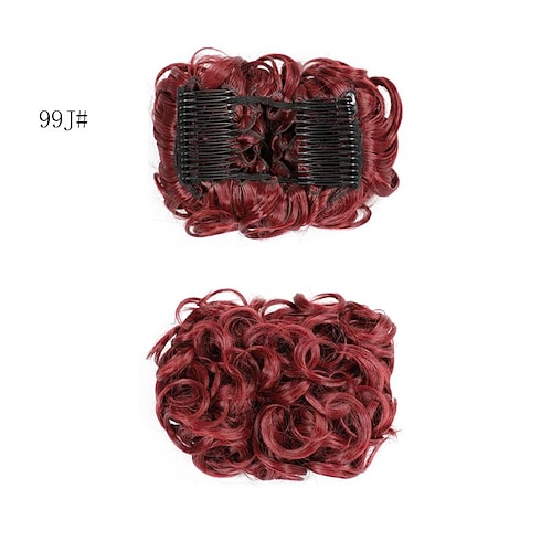 kurze unordentliche lockige Schüssel Haarknotenverlängerung leicht dehnbare Haarkämme Clip in Chignon-Tablett Pferdeschwanz-Haarteile - dunkelbraun bis hellkastanienbraun Image