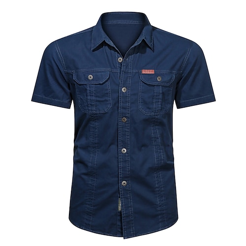 Herren Hemd Knopfhemd Lässiges Hemd Cargo-Shirt Schwarz Gelb Armeegrün Königsblau Blau Kurzarm Glatt Umlegekragen Strasse Casual Button-Down Bekleidung Baumwolle Modisch Klassisch Komfortabel Image