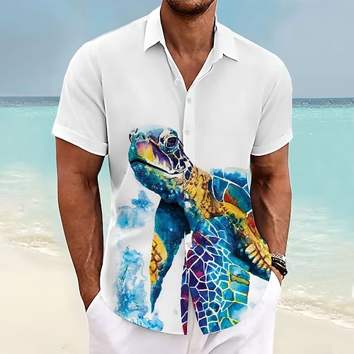Herren Tropisch Schildkröten Hemd Hawaiihemd Sommerhemd Aloha-Shirt Kurzarm Hemd Umlegekragen Urlaub Hawaiianisch Outdoor Urlaub Hawaiianisch Weiß Blau Grün S M L Image