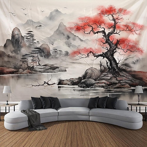 Aquarell-Landschafts-Hängeteppich, chinesischer Stil, Wandkunst, großer Wandteppich, Wanddekoration, Fotografie, Hintergrund, Decke, Vorhang, Zuhause, Schlafzimmer, Wohnzimmer, Dekoration Image