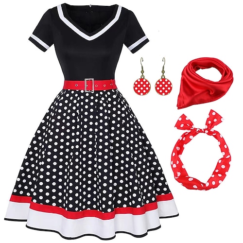 1950er Vintage inspiriert Grease-Outfits Ausgestelltes Kleid Kostüm Damen Date Party Abend Junggesellinnenabschiedsparty Seidentuch Kleid Ohrringe Ganzjahres Image