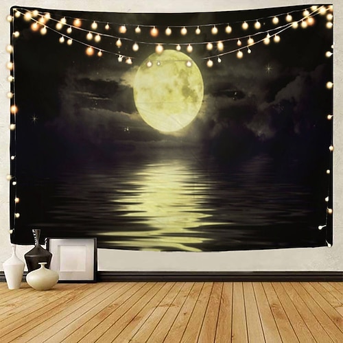 mond meer himmel wandteppich kunst dekor decke vorhang picknick tischdecke hängen haus schlafzimmer wohnzimmer wohnheim dekoration landschaft volle nacht ozean wolke stern Wandtuch XXL Natur Image