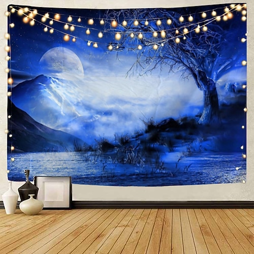 mond meer himmel wandteppich kunst dekor decke vorhang picknick tischdecke hängen haus schlafzimmer wohnzimmer wohnheim dekoration landschaft volle nacht ozean wolke stern Wandtuch XXL Natur Image