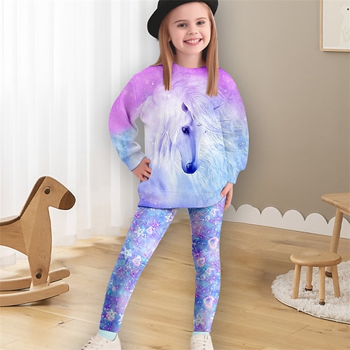 Mädchen 3D Einhorn Set aus Sweatshirt und Leggings Rosa Langarm 3D-Druck Frühling Herbst Aktiv Modisch Täglich kinderkleidung 3-12 Jahre Rundhalsausschnitt Outdoor Urlaub Verabredung Regular Fit Image