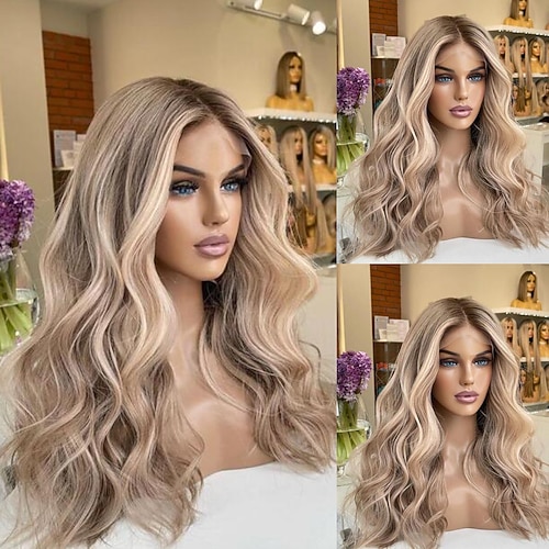 Unbearbeitetes Echthaar 13x4 Lace-Front-Perücke Stufenhaarschnitt brasilianisches Haar gewellte blonde mehrfarbige Perücke 130 % 150 % Dichte mit gesträhntem Babyhaar / Balayage-Haar 100 % Image
