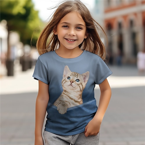 Mädchen 3D Katze T-Shirt Hemden Kurzarm 3D-Druck Sommer Aktiv Modisch Kuschelig Polyester kinderkleidung 3-12 Jahre Rundhalsausschnitt Outdoor Casual Täglich Regular Fit Image