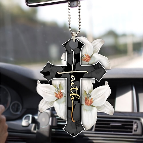 Kreuz Flügel Gott Glaube Rose rosig Schmetterling Christian Denkmal Jesus Auto Rückspiegel Zubehör Weihnachtsbaum Ornament Dekoration hängender Charme Innenrückspiegel Anhänger Dekor Geschenk Image