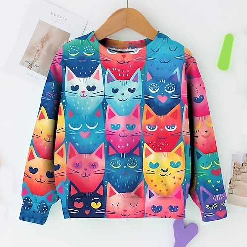 Mädchen 3D Graphic Karikatur Katze Pullover Langarm 3D-Druck Sommer Herbst Modisch Strassenmode bezaubernd kinderkleidung 3-12 Jahre Outdoor Casual Täglich Regular Fit Image