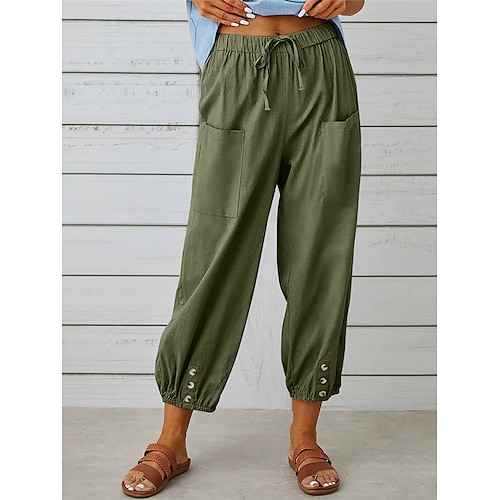 Damen-Caprihose aus 100 % Baumwolle, Sommerhose, lässig und bequem, einfarbig, mit Tasche und elastischem Bund, geeignet für Urlaub, Zuhause und Alltag, in Schwarz, Weiß, Olivgrün, Marineblau und Blau. Sommer, Frühling, Herbst Image