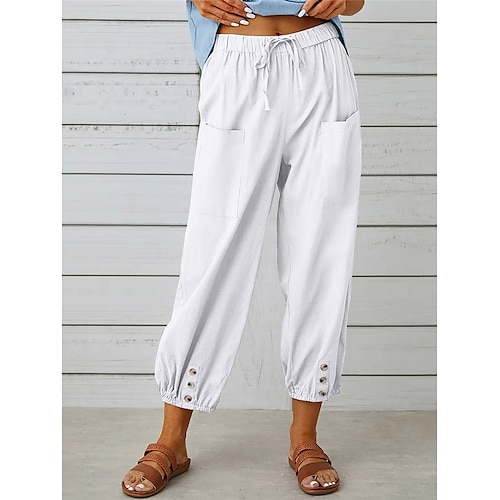 Damen Freizeitkleidung Hosen Lounge Hose Einfach Lässig Komfort Einfarbig Tasche Elastischer Bund Baumwoll-Leinen-Hose Urlaub Heim Täglich Schwarz Weiß Armeegrün Marineblau Blau Sommer Frühling Herbst