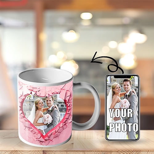 Personalisierte Foto-Kaffeetasse - Individuelles Hochzeitsgeschenk für Paare Hochzeitsgeschenk Tasse Geschenk 3D Liebesherzloch in einer Wand für Familie Weihnachtsgeschenk Tasse Keramiktasse 11oz Image