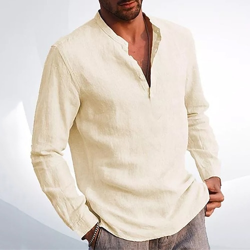 Herren Hemd Leinenhemd Hemd mit chinesischem Kragen Hemd mit Stehkragen Sommerhemd Strandhemd Einfach Urlaub Hawaiianisch Beige Langarm Stehkragen Frühling Herbst Bekleidung Button-Down Image
