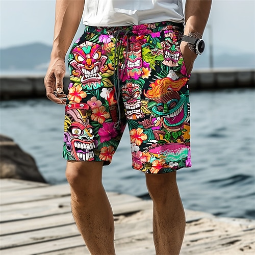 Herren Maske Indische Kultur Blumen / Pflanzen Badehosen Badeshorts Boardshorts Mittlere Taille Urlaub Hawaiianisch Ethnisch Urlaub Ferien Strand Kordelzug mit Mesh-Futter Elastischer Bund Designer Image