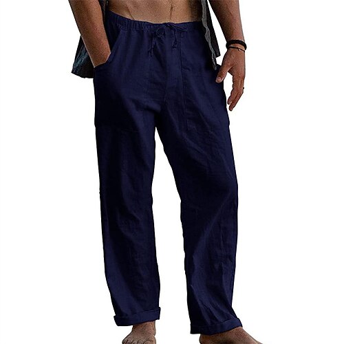 Herren Leinenhosen Hose Sommerhose Kordelzug Elastischer Bund Gerader Schnitt Einfach Komfort Täglich Ausgehen Mode Streetwear Dunkelgrau Schwarz Image