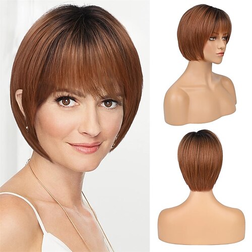 blonde bob perücke mit air pony für weiße damen 10 kurz ombre aschblond mit dunklem ansatz haarperücken synthetischer seitenteil natürlich aussehender haarteil Image