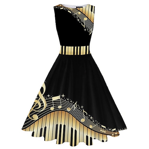 damen retro 1950er vintage tee kleider midi kleid daily date gerüscht aufdruck notiz rundhalsausschnitt ärmellos schlank sommer frühling 2023 schwarz weiß s m l xl Image