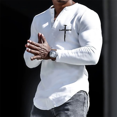 Herren Henley Hemd Cooles Hemd Langarmshirt Langarm Henley Frühling Herbst Grafikdrucke Kreuz Designer Lässig Bequem Druck Button-Down Straße Sport Ferien Weiß Top T-Shirt für Herren Image