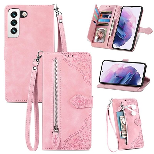 Handy Hülle Handyhüllen Für Samsung Galaxy S25 S23 S22 S21 FE S21 Ultra Plus A34 A54 A33 A13 S20 Brieftaschenhülle Flip Reisverschluss Mit Handgelenkschlaufe Einfarbig PU-Leder Image