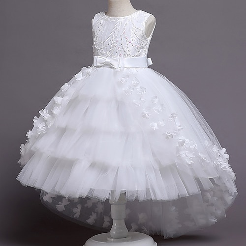 Blumenmädchenkleid Mädchen Kleid Party Kleid Hochzeit Party Besondere Anlässe Prinzessin Süß Gitter Bestickt Einfarbig Ärmellos Rundhalsausschnitt Weiß Rosa 4 Jahre Image