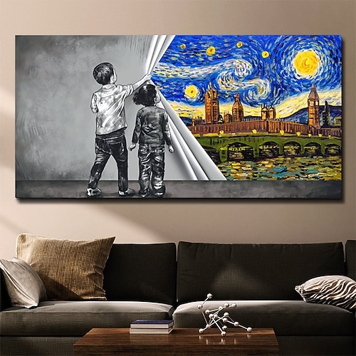 handgefertigte handgemalte Wandkunst moderne abstrakte Van Gogh Sternennacht Landschaft Heimdekoration Dekor gerollte Leinwand ohne Rahmen ungedehnt Image