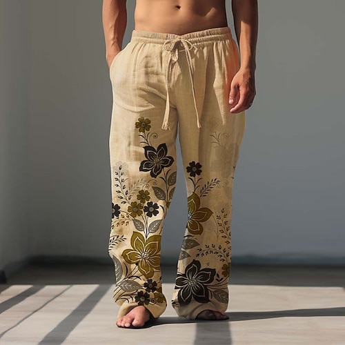 Herren Blumen Leinenhosen Hosen Hose Baggy-Hosen Mittlere Taille Vintage Outdoor Alltagskleidung Streetwear Frühling Herbst Weiß Blau Grün Image