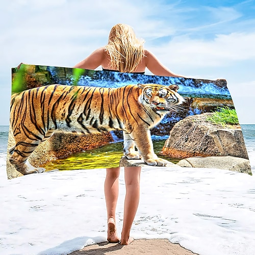 1 Stück große, dicke Bade- und Duschtücher, 3D-weißes Tiger-Design, Baumwoll-Strandtuch für Damen und Herren, Reisen, Schwimmen, Yoga, Decke Image