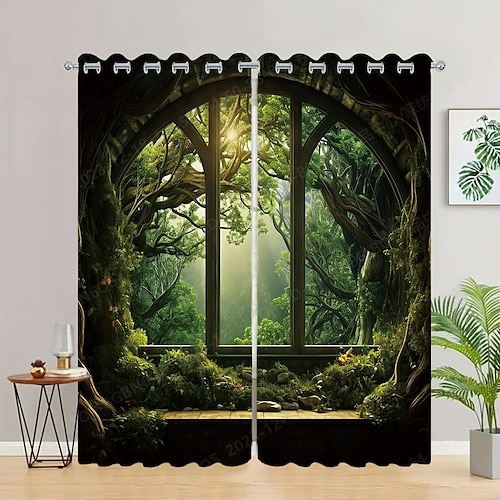 2 Paneele, Landschaftswald-Vorhang, Verdunkelungsvorhang für Wohnzimmer, Schlafzimmer, Küche, Fensterbehandlungen, wärmeisolierte Raumverdunkelung Image