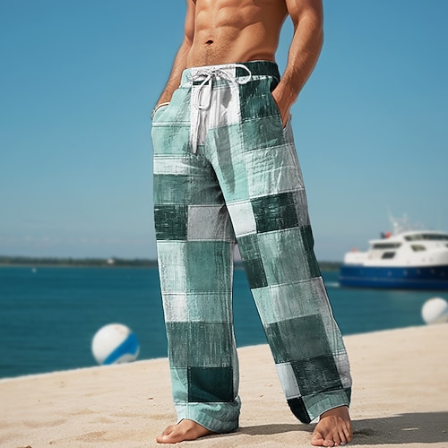 Plaid-Farbblock-Herren-Resort-Freizeithose mit 3D-Druck, elastische Taille, Kordelzug, lockere Passform, gerades Bein, Sommer-Strandhose, S bis 3XL Image